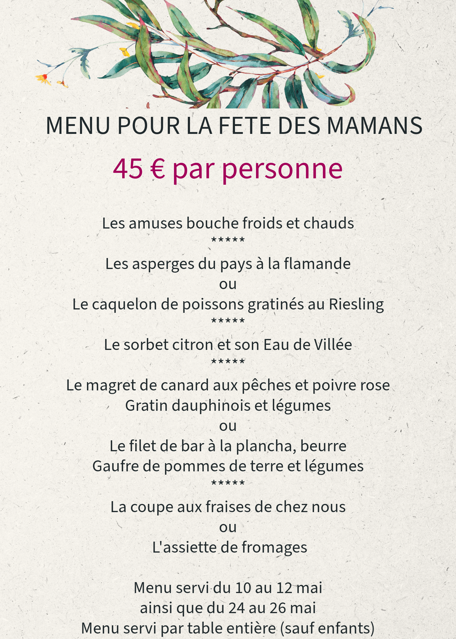 Menu fête des mamans, gastronomie française.